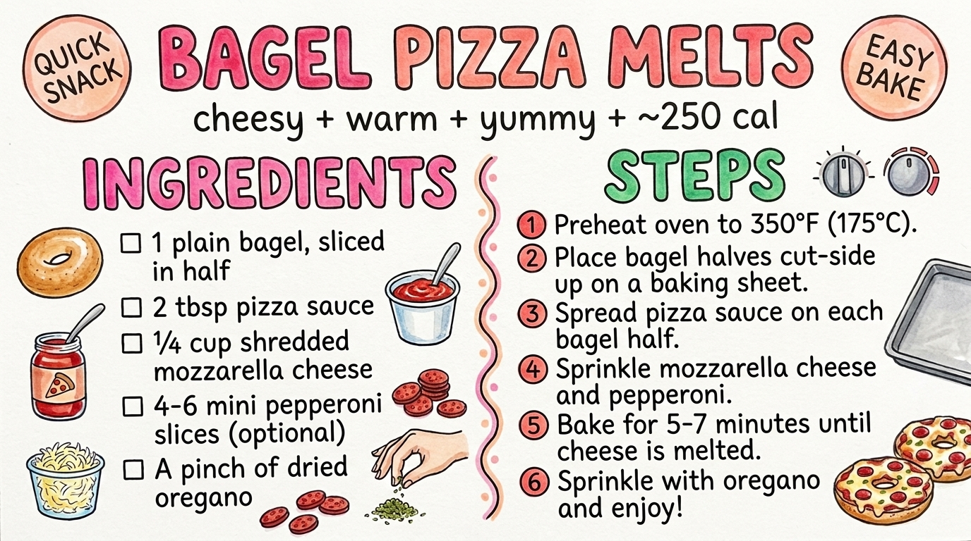 Bagel Pizza Melts recipe card — hand-drawn by Brycen's Weird But Good Recipes