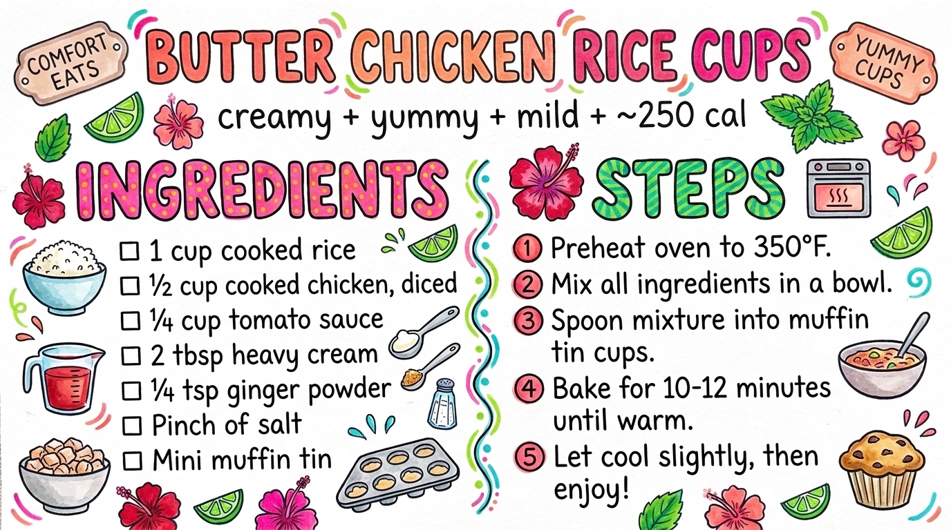 Butter Chicken Rice Cups recipe card — hand-drawn by Brycen's Weird But Good Recipes