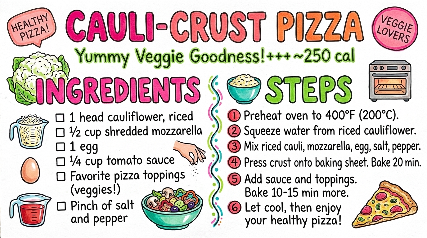 Cauli-Crust Pizza recipe card — hand-drawn by Brycen's Weird But Good Recipes