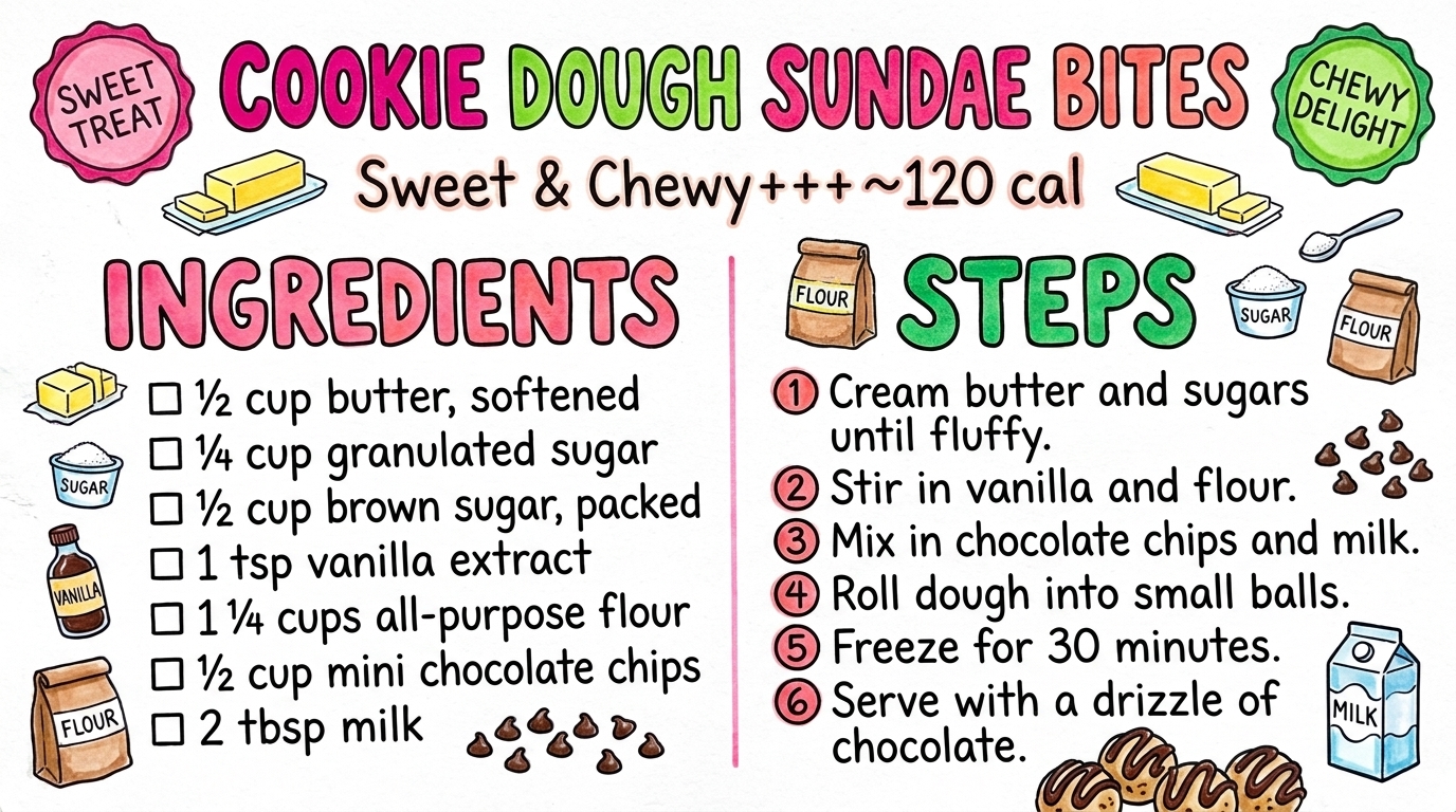 Cookie Dough Sundae Bites recipe card — hand-drawn by Brycen's Weird But Good Recipes