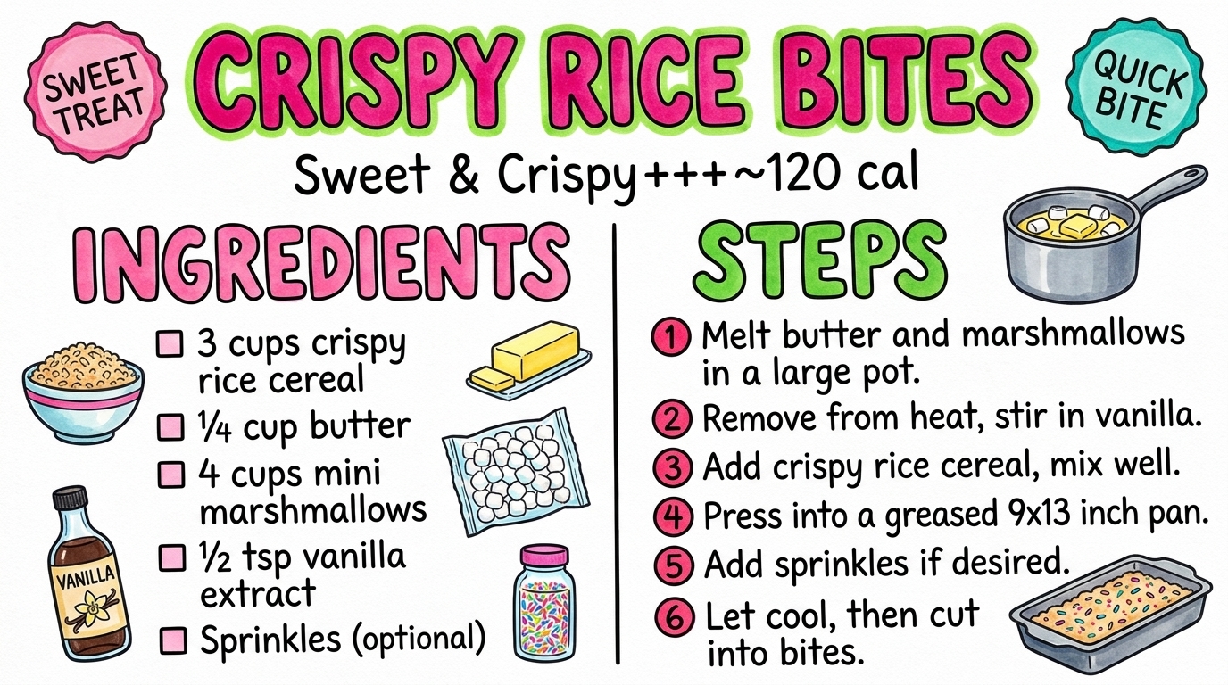 Crispy Rice Bites recipe card — hand-drawn by Brycen's Weird But Good Recipes