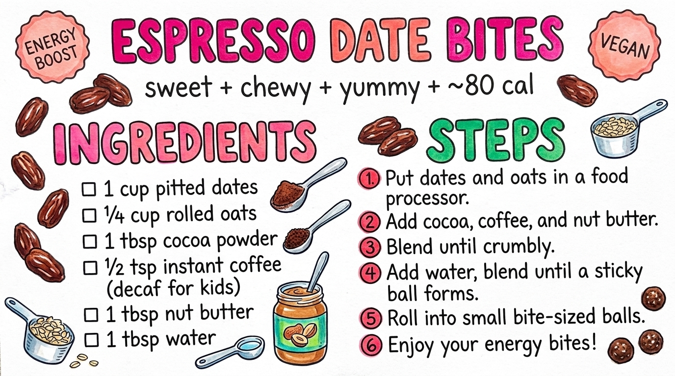 Espresso Date Bites recipe card — hand-drawn by Brycen's Weird But Good Recipes
