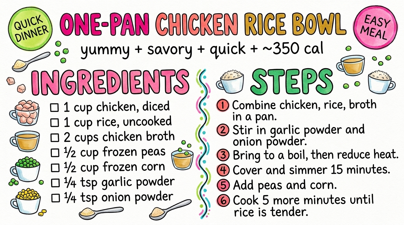 One-Pan Chicken Rice Bowl recipe card — hand-drawn by Brycen's Weird But Good Recipes