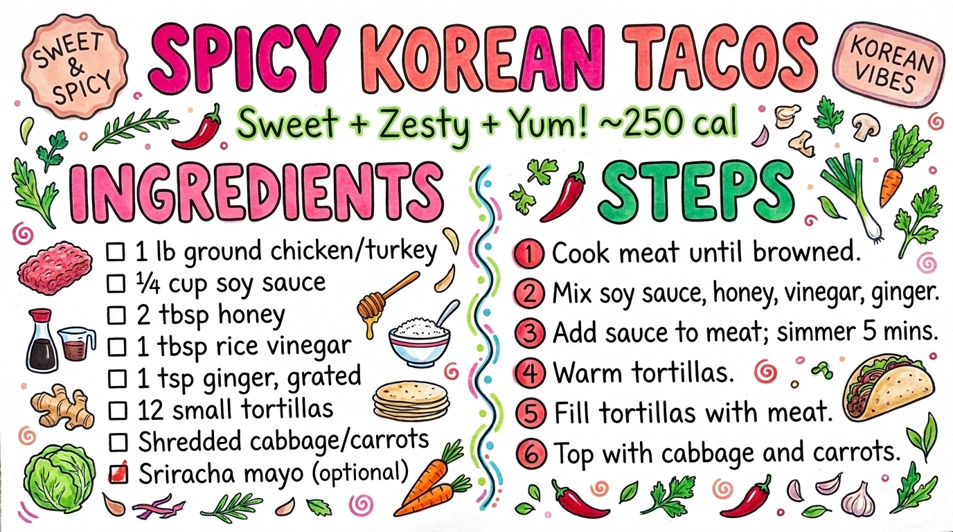 Spicy Korean Tacos ️ recipe card — hand-drawn by Brycen's Weird But Good Recipes