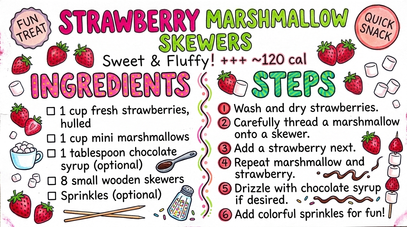 Strawberry Marshmallow Skewers recipe card — hand-drawn by Brycen's Weird But Good Recipes