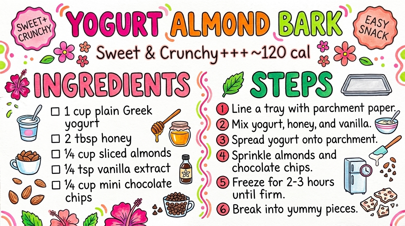 Yogurt Almond Bark recipe card — hand-drawn by Brycen's Weird But Good Recipes