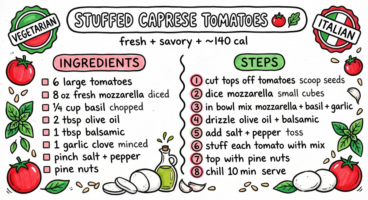 Stuffed Caprese Tomatoes recipe card — hand-drawn by Brycen's Weird But Good Recipes