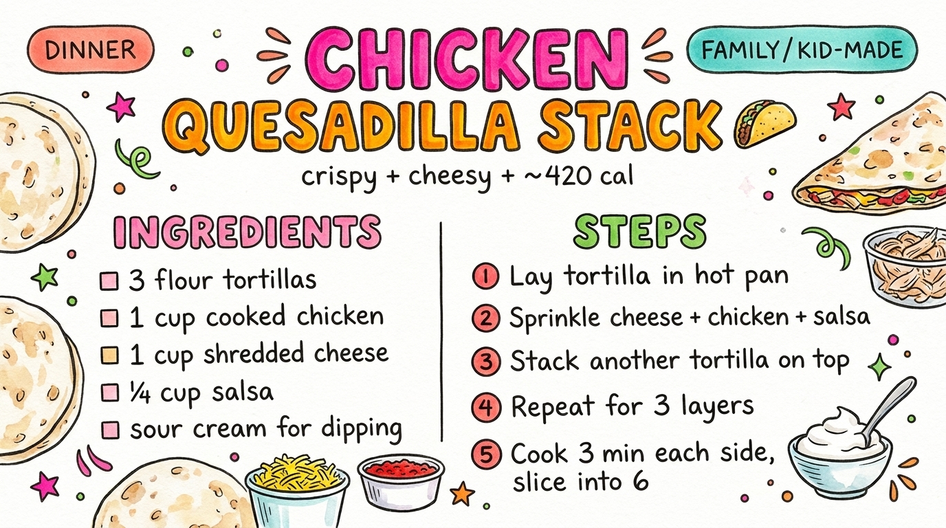 Chicken Quesadilla Stack recipe card — hand-drawn by Brycen's Weird But Good Recipes