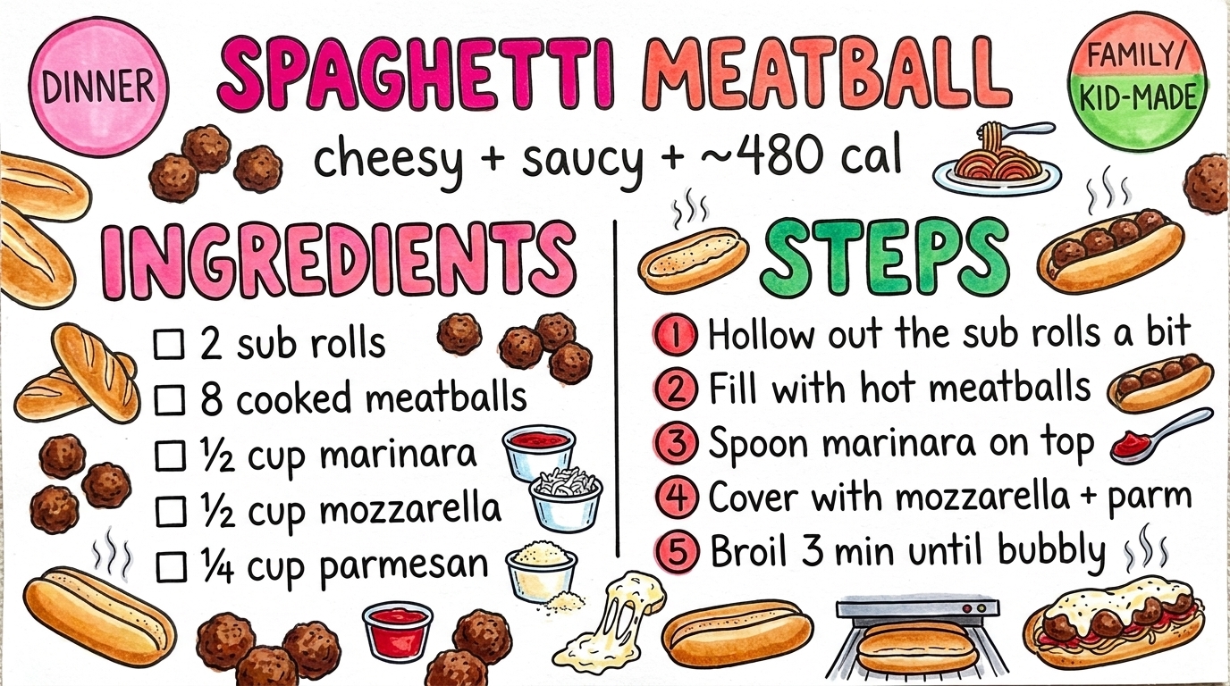 Spaghetti Meatball Subs recipe card — hand-drawn by Brycen's Weird But Good Recipes