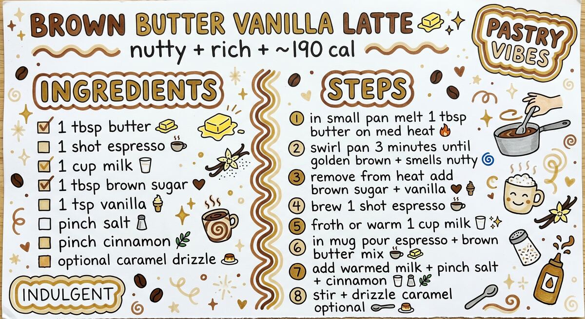 Brown Butter Vanilla Latte recipe card — hand-drawn by Brycen's Weird But Good Recipes