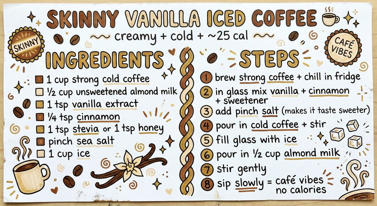 Skinny Vanilla Iced Coffee recipe card — hand-drawn by Brycen's Weird But Good Recipes
