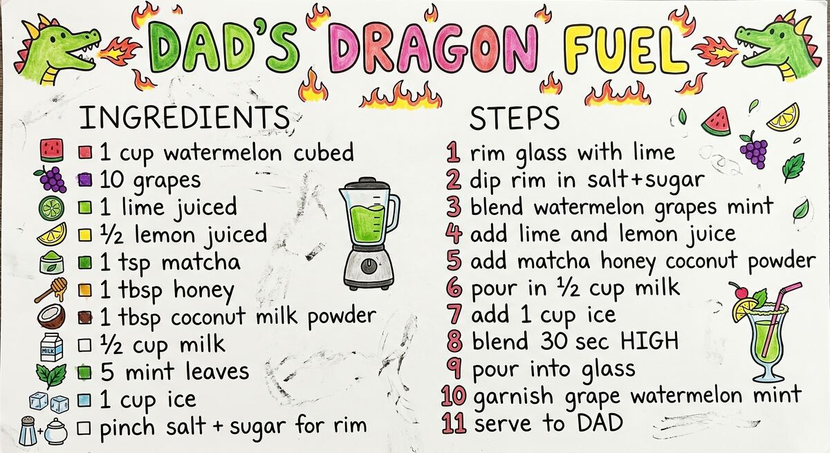 Hand-drawn recipe card by Brycen (age 11)