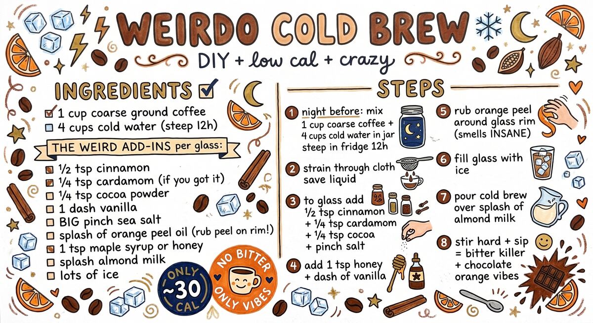 Weirdo Cold Brew recipe card — hand-drawn by Brycen's Weird But Good Recipes