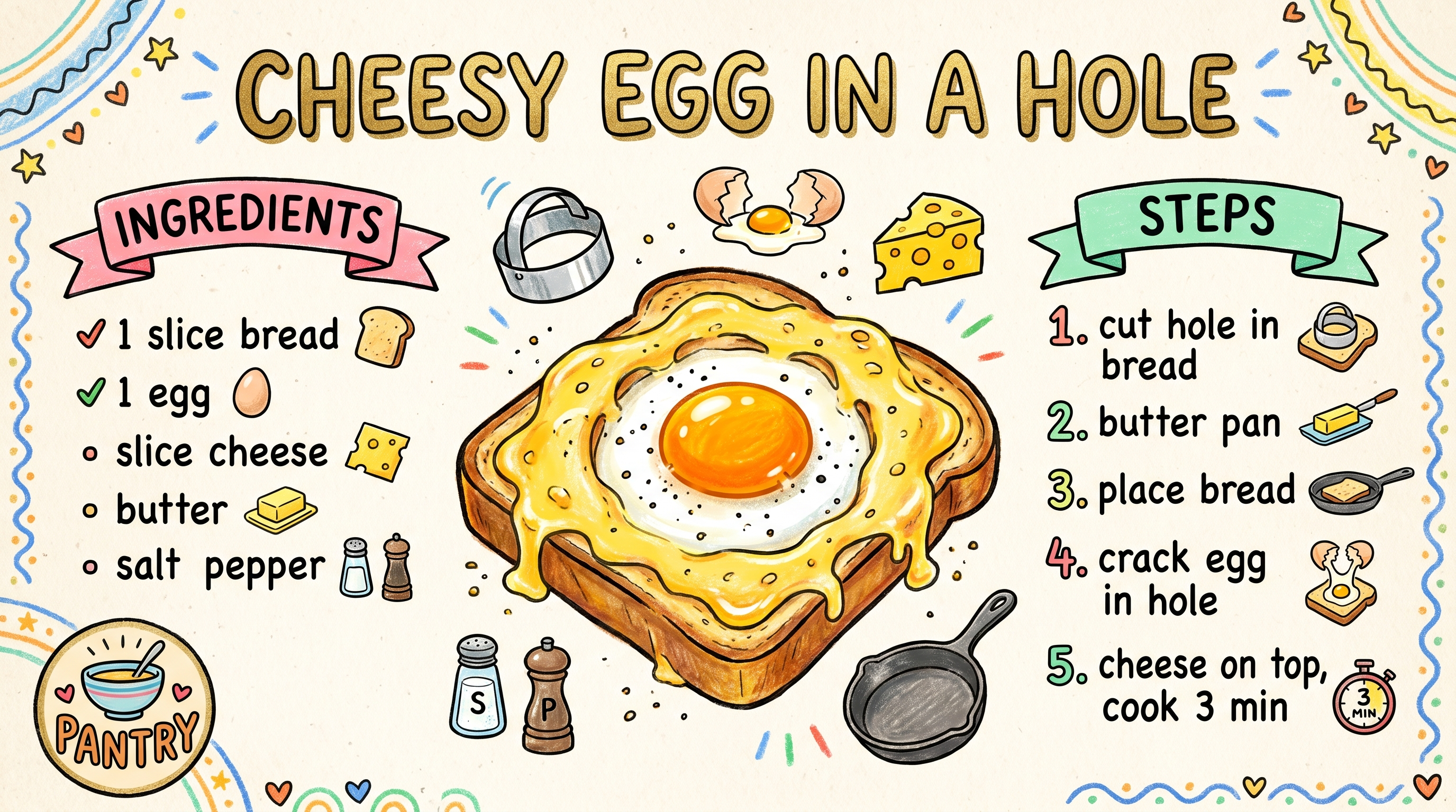 Cheesy Egg in a Hole recipe card — hand-drawn by Brycen's Weird But Good Recipes