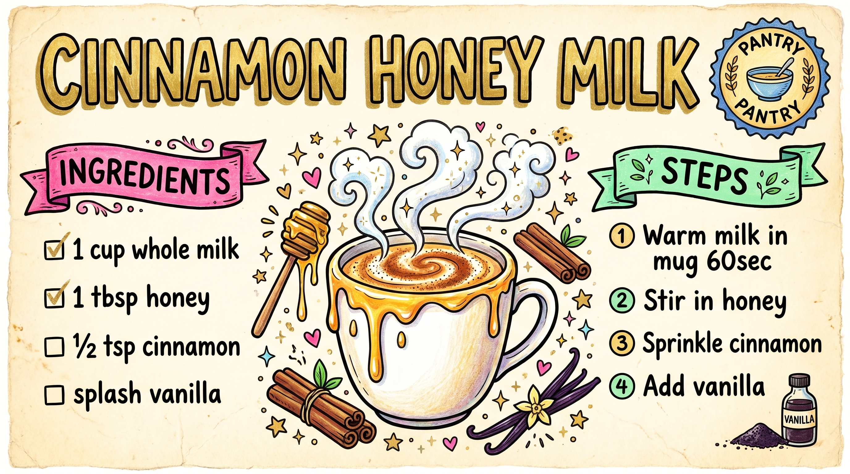 Cinnamon Honey Milk recipe card — hand-drawn by Brycen's Weird But Good Recipes