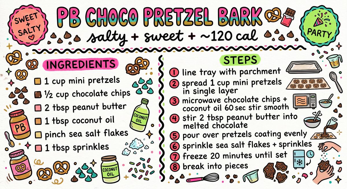 PB Choco Pretzel Bark recipe card — hand-drawn by Brycen's Weird But Good Recipes